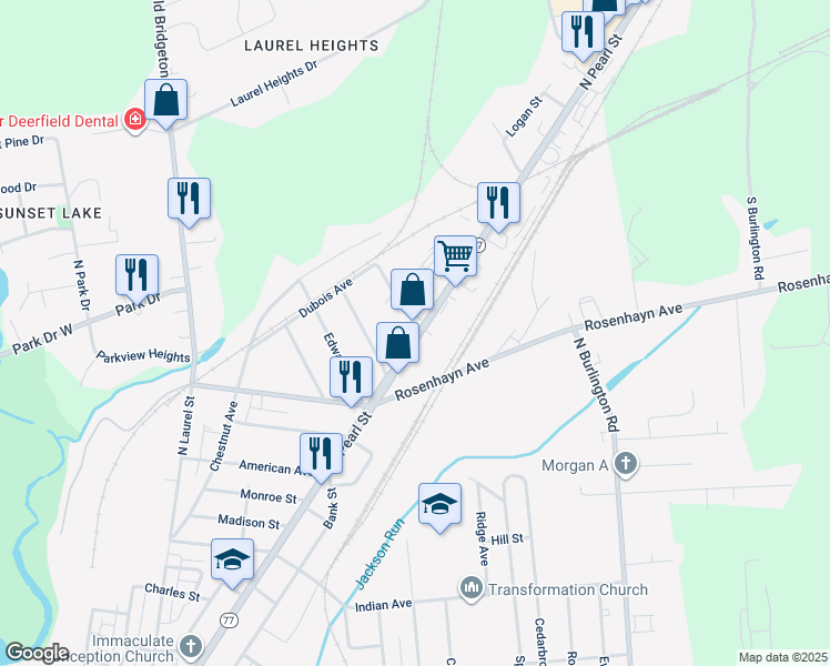 map of restaurants, bars, coffee shops, grocery stores, and more near 683 North Pearl Street in Bridgeton