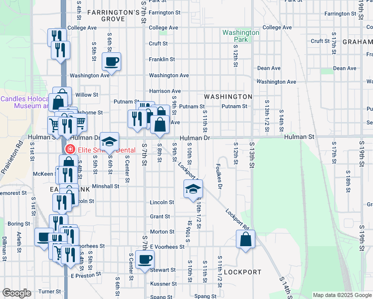 map of restaurants, bars, coffee shops, grocery stores, and more near 1727 South 10th Street in Terre Haute