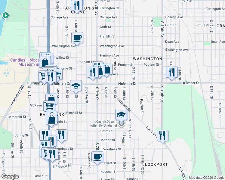 map of restaurants, bars, coffee shops, grocery stores, and more near 817 Idaho Street in Terre Haute