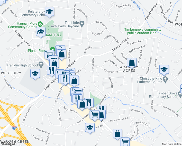map of restaurants, bars, coffee shops, grocery stores, and more near 105 Fitz Court in Reisterstown