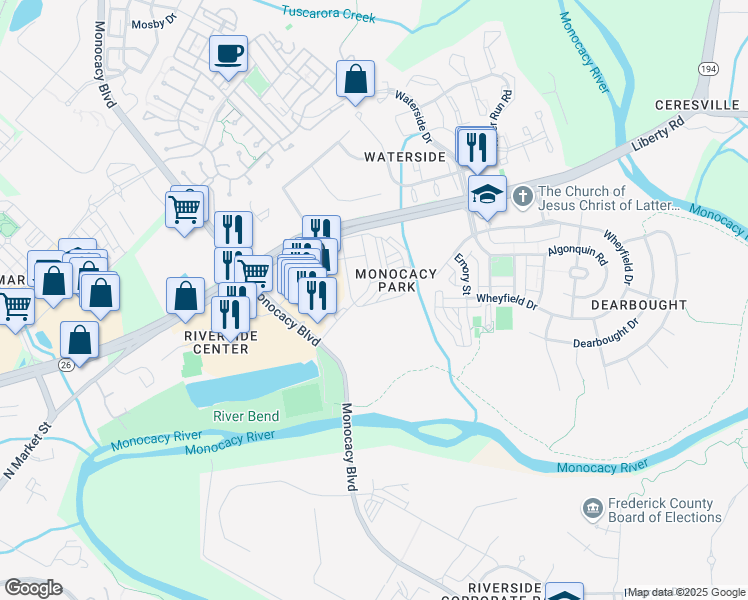 map of restaurants, bars, coffee shops, grocery stores, and more near 1401 Trafalgar Lane in Frederick