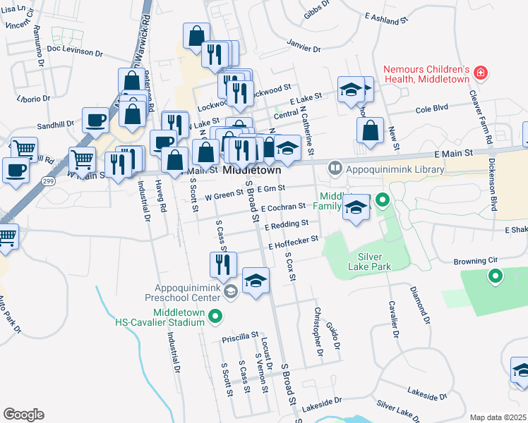 map of restaurants, bars, coffee shops, grocery stores, and more near 5 East Redding Street in Middletown