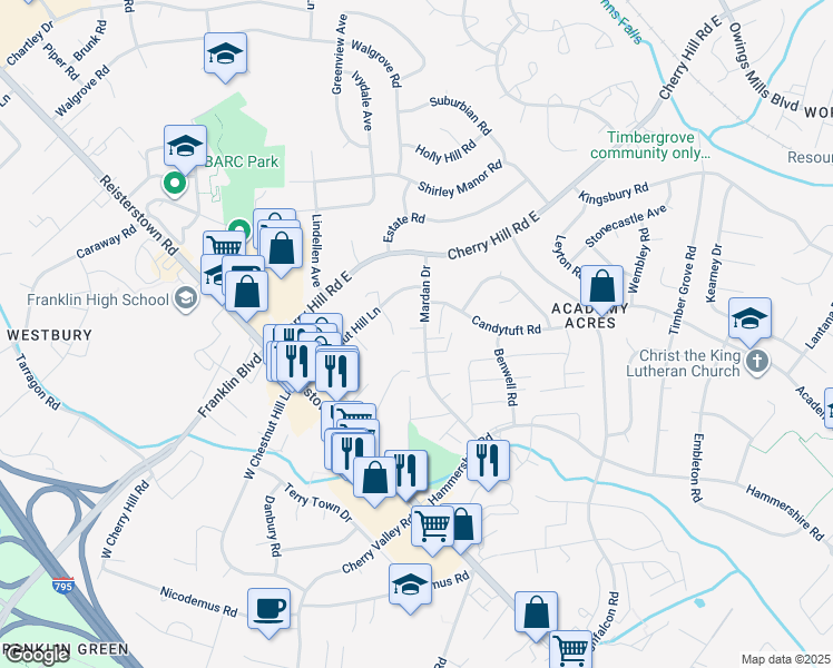 map of restaurants, bars, coffee shops, grocery stores, and more near 105 Fitz Court in Reisterstown