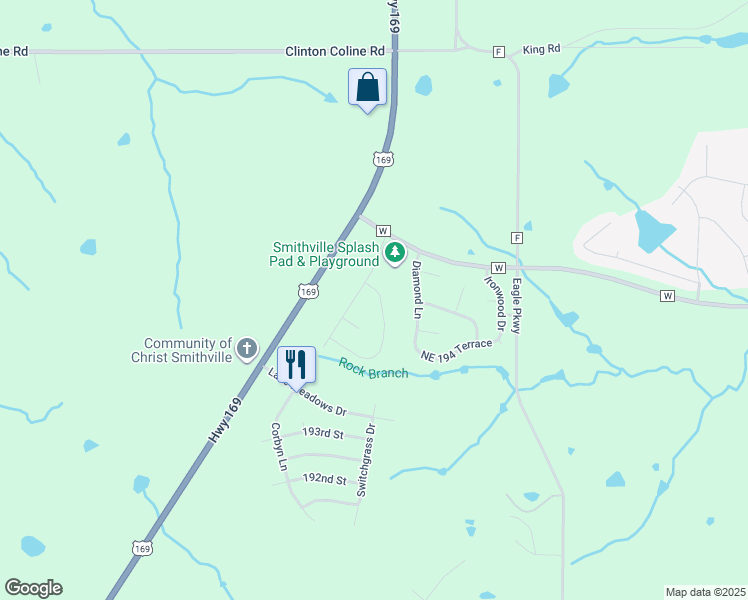map of restaurants, bars, coffee shops, grocery stores, and more near 19501 Corbyn Lane in Smithville