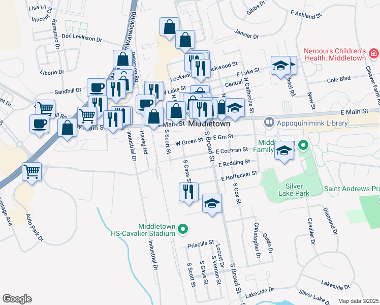 map of restaurants, bars, coffee shops, grocery stores, and more near 15 West Cochran Street in Middletown