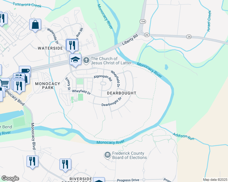 map of restaurants, bars, coffee shops, grocery stores, and more near 1732 Wheyfield Drive in Frederick