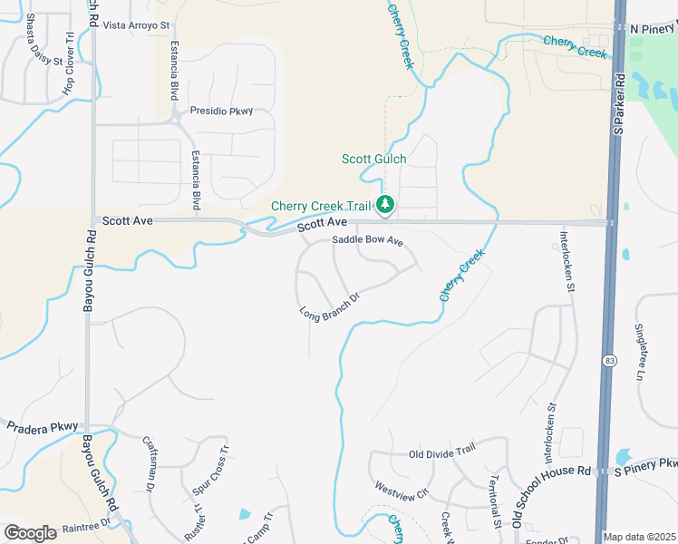 map of restaurants, bars, coffee shops, grocery stores, and more near 5965 Saddle Creek Trail in Parker