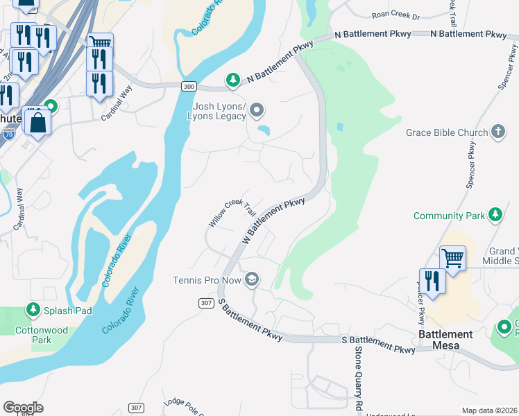map of restaurants, bars, coffee shops, grocery stores, and more near 11 Hogan Circle in Battlement Mesa