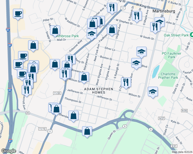 map of restaurants, bars, coffee shops, grocery stores, and more near 709 Bowers Street in Martinsburg