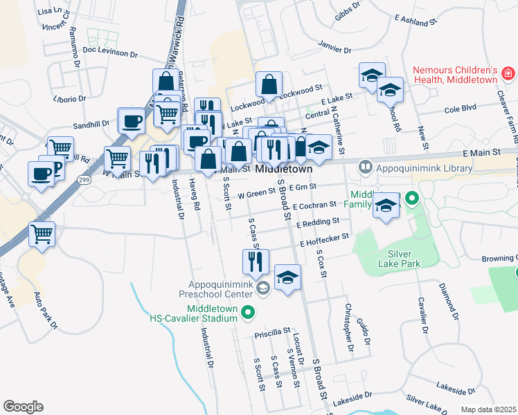 map of restaurants, bars, coffee shops, grocery stores, and more near 15 West Cochran Street in Middletown