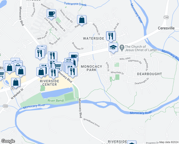 map of restaurants, bars, coffee shops, grocery stores, and more near 1424 Trafalgar Lane in Frederick