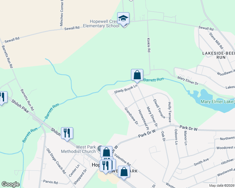 map of restaurants, bars, coffee shops, grocery stores, and more near 117 Shady Brook Lane in Bridgeton