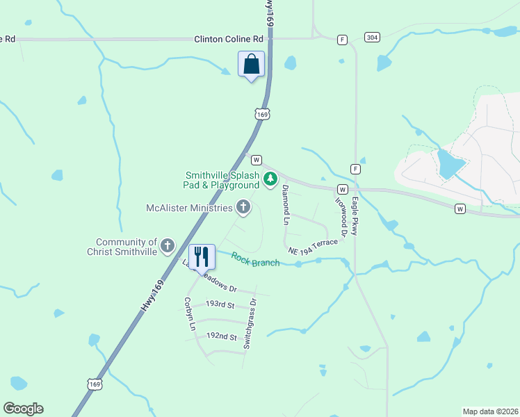 map of restaurants, bars, coffee shops, grocery stores, and more near 19535 Corbyn Lane in Smithville