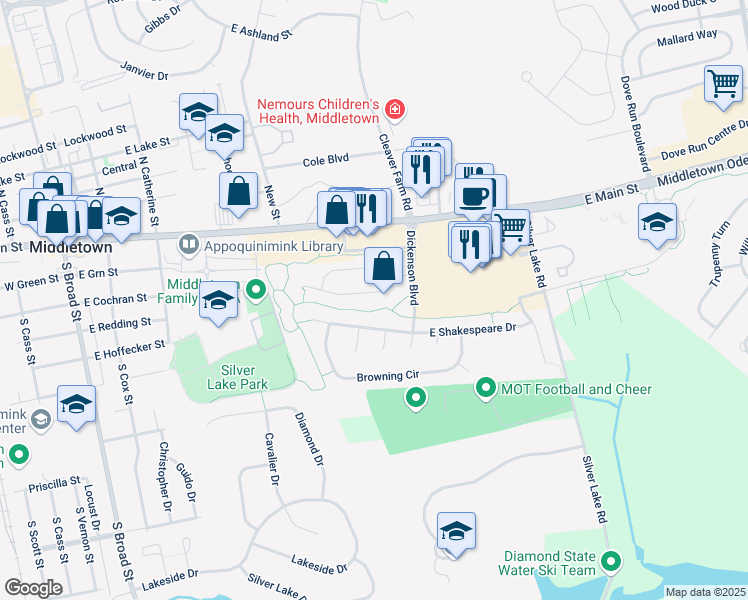 map of restaurants, bars, coffee shops, grocery stores, and more near 19 North Cummings Drive in Middletown