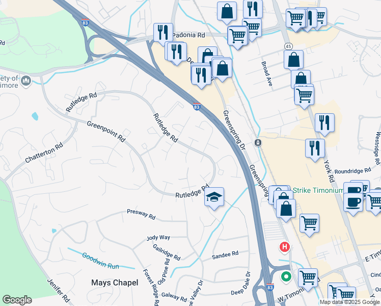 map of restaurants, bars, coffee shops, grocery stores, and more near 1 Covert Court in Timonium