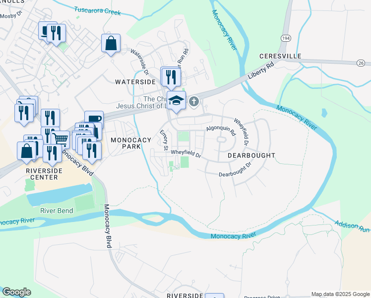 map of restaurants, bars, coffee shops, grocery stores, and more near 1772 Wheyfield Drive in Frederick