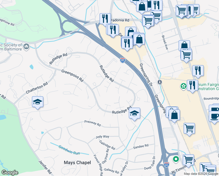 map of restaurants, bars, coffee shops, grocery stores, and more near 5 Hollis Court in Timonium
