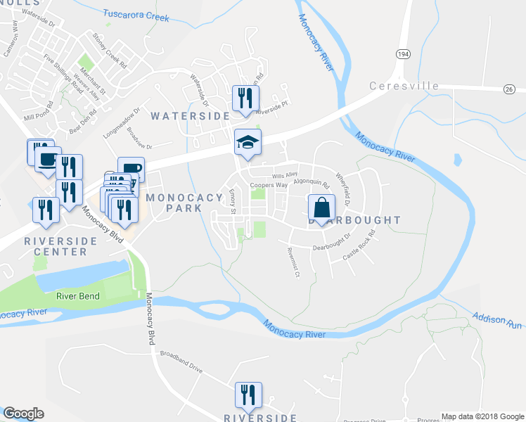map of restaurants, bars, coffee shops, grocery stores, and more near 1768 Wheyfield Drive in Frederick