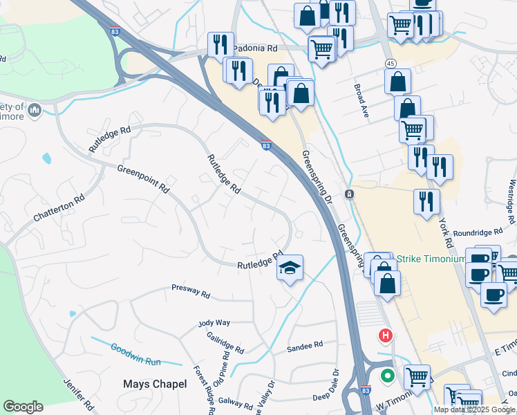 map of restaurants, bars, coffee shops, grocery stores, and more near 1 Covert Court in Timonium
