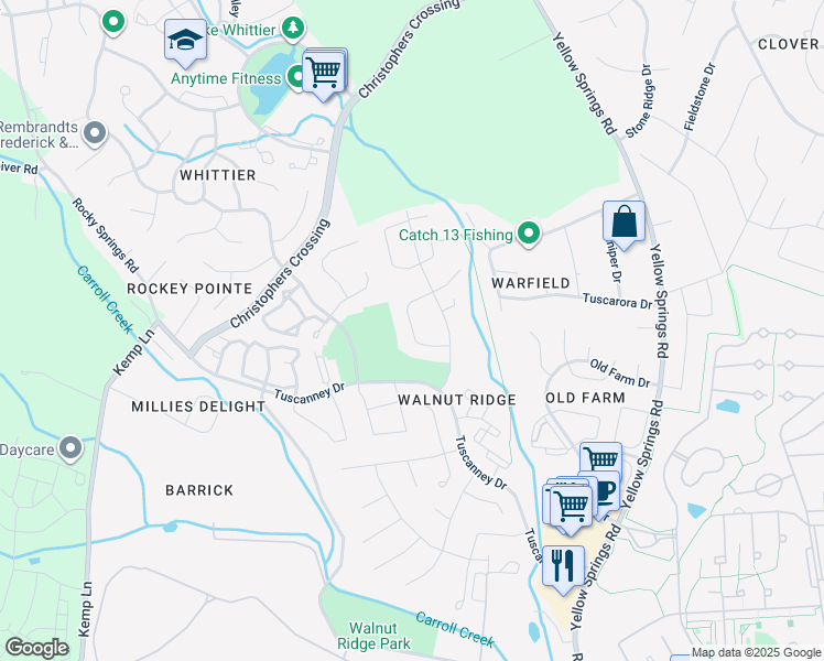 map of restaurants, bars, coffee shops, grocery stores, and more near Weybridge Road in Frederick