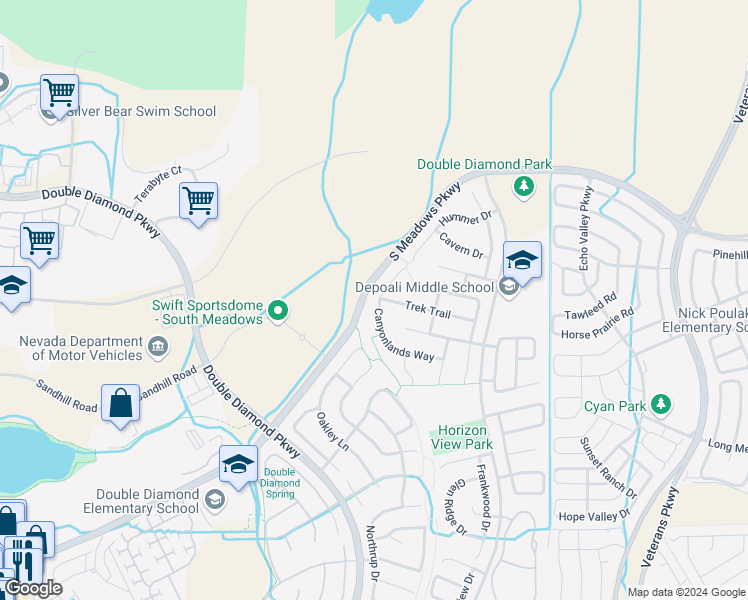 map of restaurants, bars, coffee shops, grocery stores, and more near 1605 Canyonlands Way in Reno