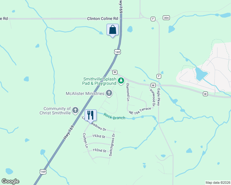 map of restaurants, bars, coffee shops, grocery stores, and more near 19510 Diamond Lane in Smithville