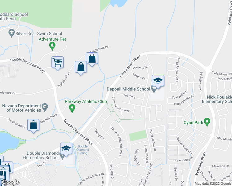 map of restaurants, bars, coffee shops, grocery stores, and more near 1595 Trek Trail in Reno