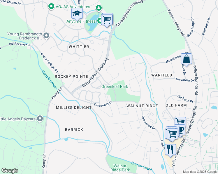 map of restaurants, bars, coffee shops, grocery stores, and more near 2500 Driftwood Court in Frederick