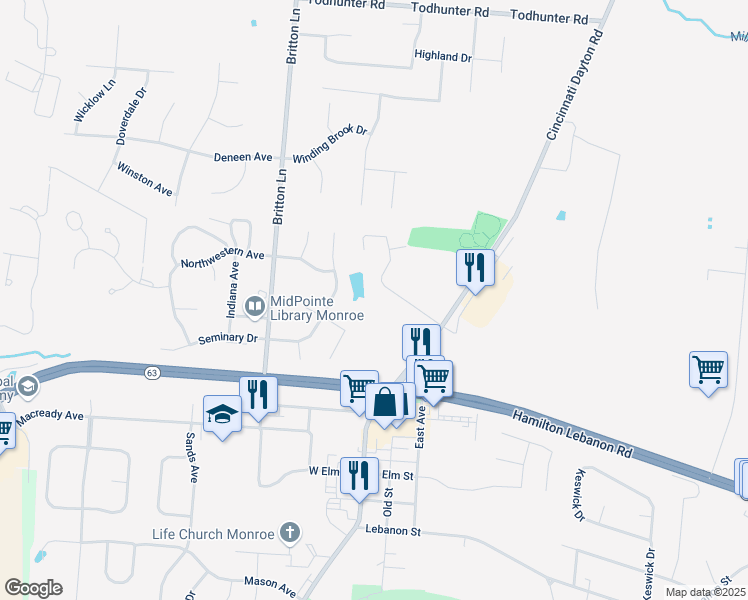 map of restaurants, bars, coffee shops, grocery stores, and more near 110 Overbrook Court in Monroe