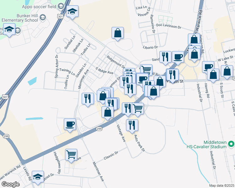 map of restaurants, bars, coffee shops, grocery stores, and more near 601 South Ridge Avenue in Middletown