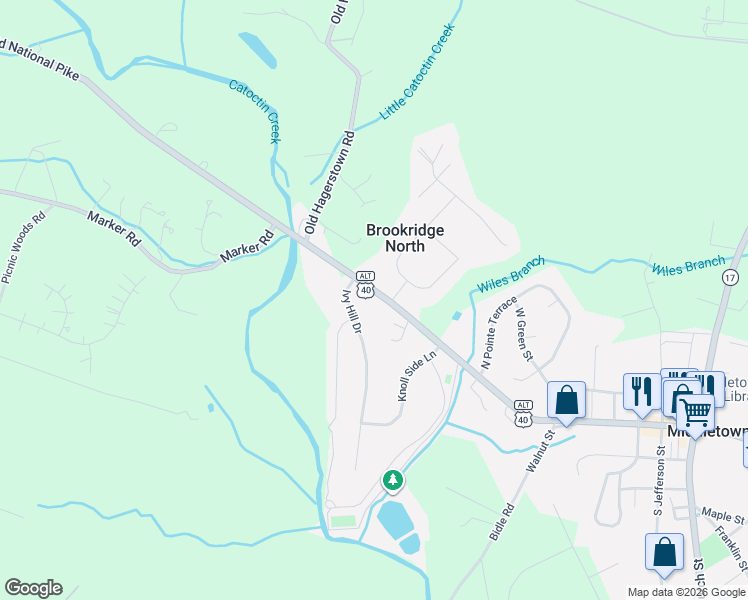 map of restaurants, bars, coffee shops, grocery stores, and more near 3211 Old National Pike in Middletown