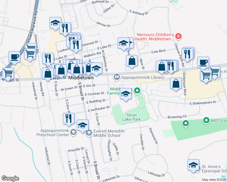map of restaurants, bars, coffee shops, grocery stores, and more near 9 South Catherine Street in Middletown