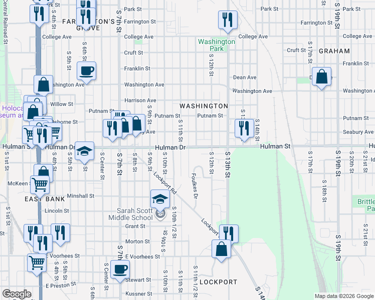 map of restaurants, bars, coffee shops, grocery stores, and more near 1142 Hulman Street in Terre Haute