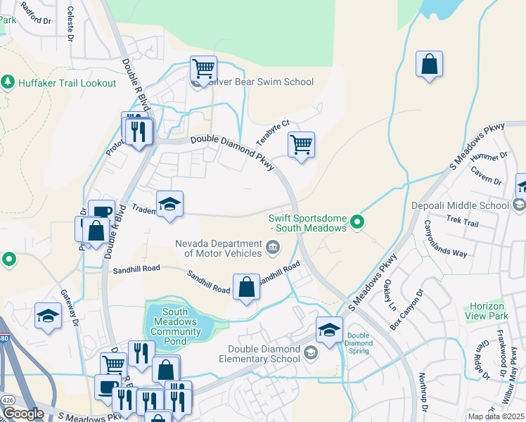 map of restaurants, bars, coffee shops, grocery stores, and more near 891 Trademark Drive in Reno