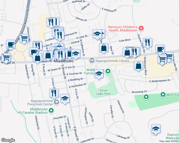 map of restaurants, bars, coffee shops, grocery stores, and more near 9 South Catherine Street in Middletown