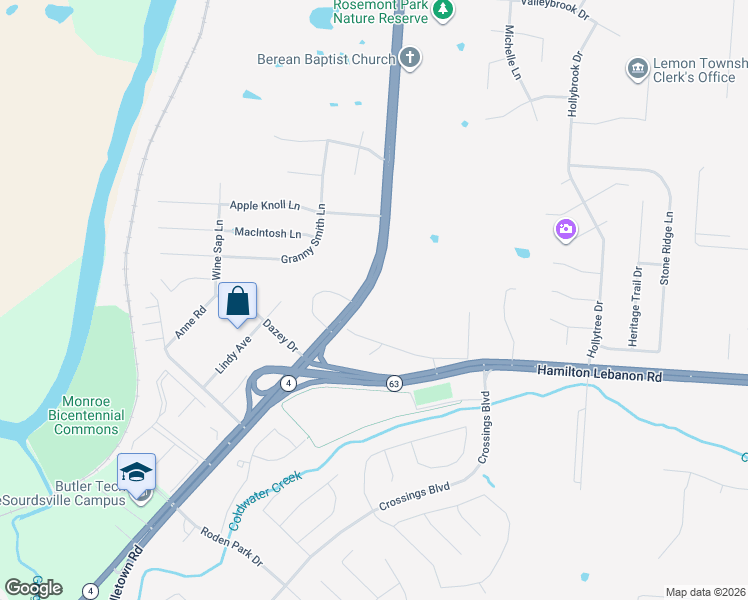 map of restaurants, bars, coffee shops, grocery stores, and more near 6114 Hamilton Middletown Road in Middletown