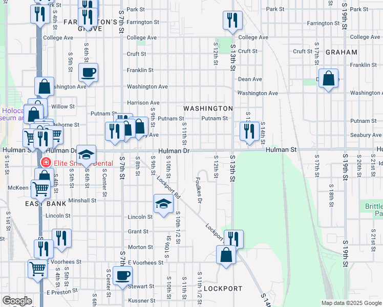 map of restaurants, bars, coffee shops, grocery stores, and more near 1142 Hulman Street in Terre Haute