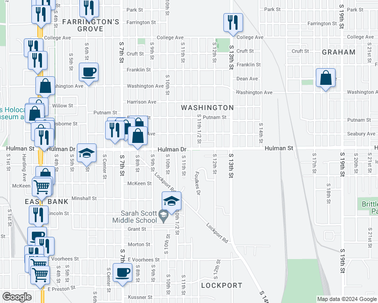 map of restaurants, bars, coffee shops, grocery stores, and more near 1111 Hulman Street in Terre Haute