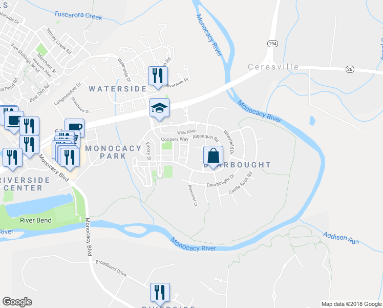 map of restaurants, bars, coffee shops, grocery stores, and more near 1708 Algonquin Road in Frederick
