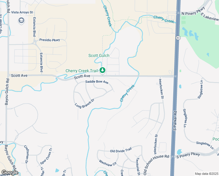 map of restaurants, bars, coffee shops, grocery stores, and more near 6296 Saddle Bow Avenue in Parker