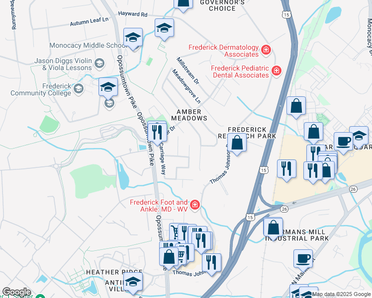 map of restaurants, bars, coffee shops, grocery stores, and more near 1713 Springhouse Court in Frederick