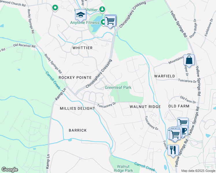 map of restaurants, bars, coffee shops, grocery stores, and more near 2501 Driftwood Court in Frederick