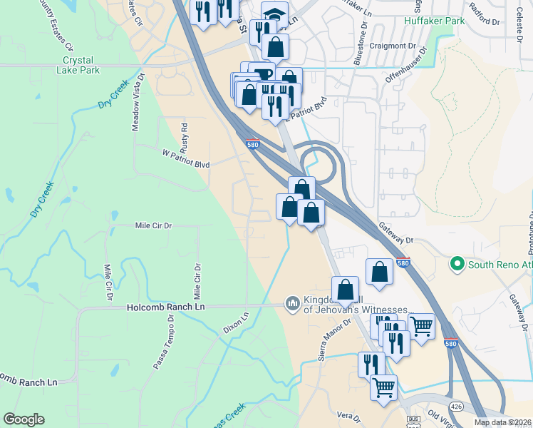 map of restaurants, bars, coffee shops, grocery stores, and more near 483 Len Circle in Reno
