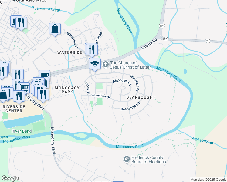 map of restaurants, bars, coffee shops, grocery stores, and more near 1708 Algonquin Road in Frederick