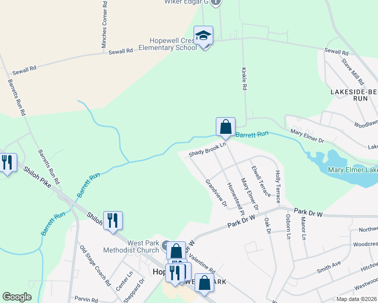 map of restaurants, bars, coffee shops, grocery stores, and more near 117 Shady Brook Lane in Bridgeton