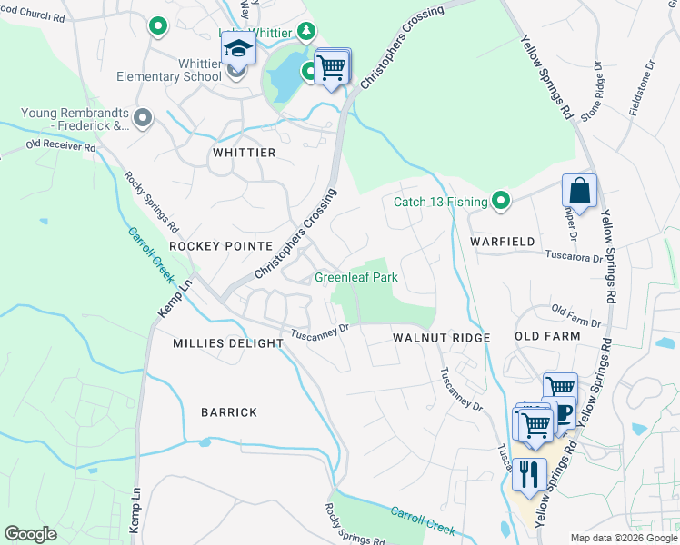 map of restaurants, bars, coffee shops, grocery stores, and more near 2500 Driftwood Court in Frederick