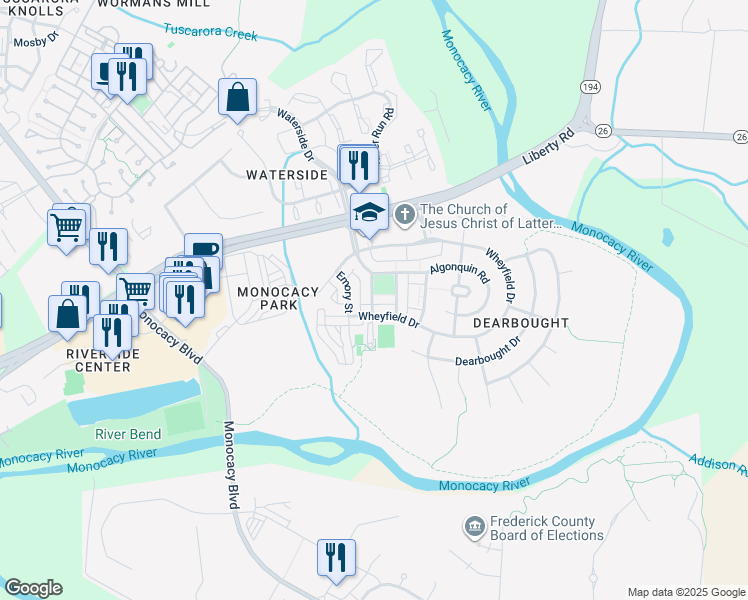 map of restaurants, bars, coffee shops, grocery stores, and more near 1700 Derrs Square West in Frederick