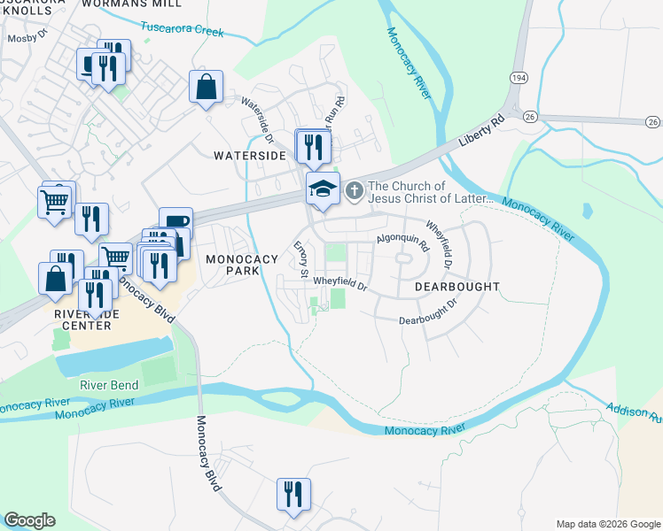 map of restaurants, bars, coffee shops, grocery stores, and more near 1704 Derrs Square West in Frederick