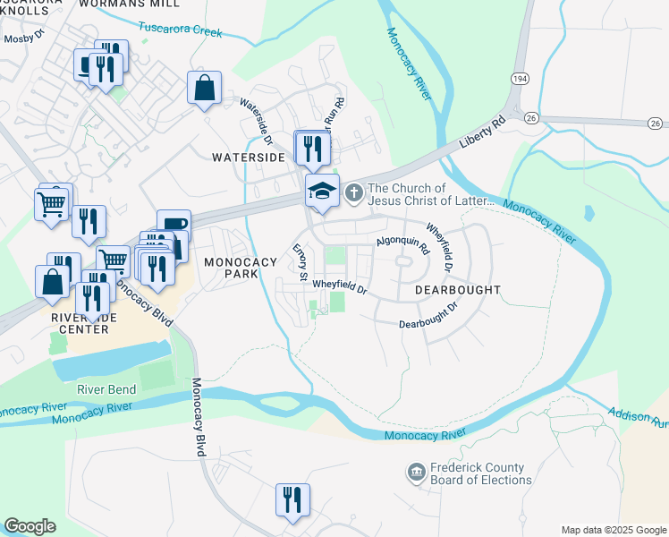 map of restaurants, bars, coffee shops, grocery stores, and more near 1700 Derrs Square West in Frederick