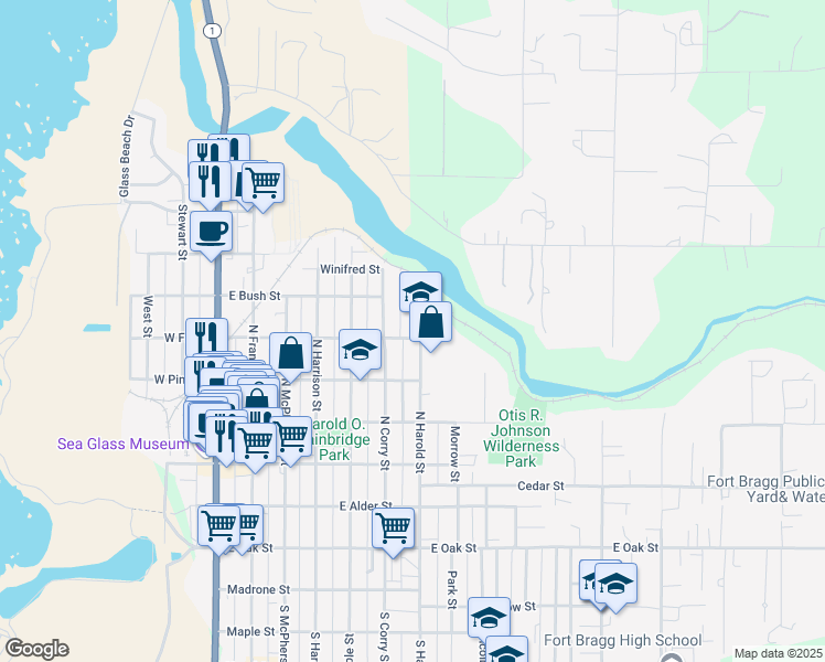 map of restaurants, bars, coffee shops, grocery stores, and more near 661 East Fir Street in Fort Bragg